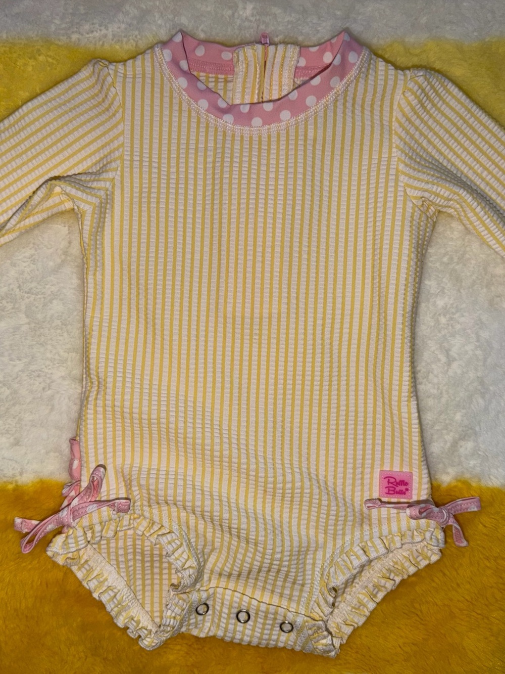 Ruffle Butts Yellow & White Stripe Long-Sleeve Swim One-Piece with Pink Trim
